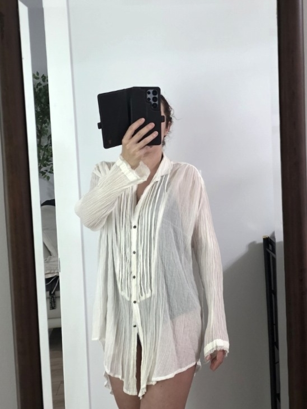 Free People Lightweight White Pleated Button-Down Cotton Beach Cover Up